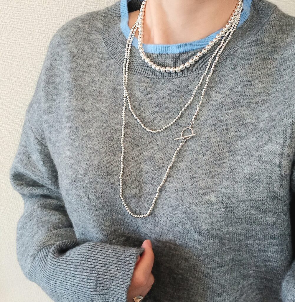 ださく見えないボールチェーンネックレス SV925ボールチェーン ナバホパール風